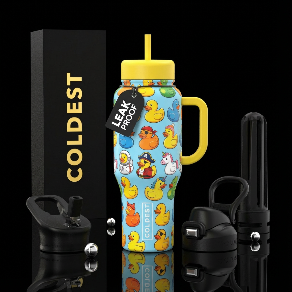 Different kinds of rubber duckies print water bottle design