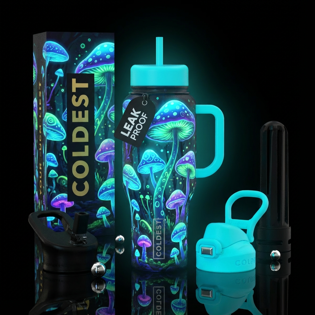 Glow in the dark mushroom forest water bottle design