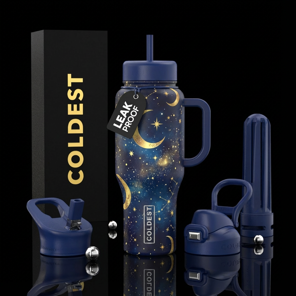 Golden Celestial starry design on dark blue on the... water bottle design