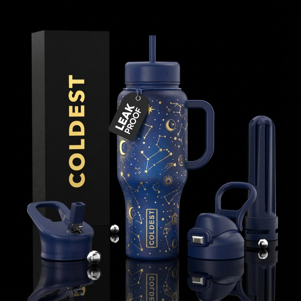 Golden Celestial starry design on dark blue on the... water bottle design