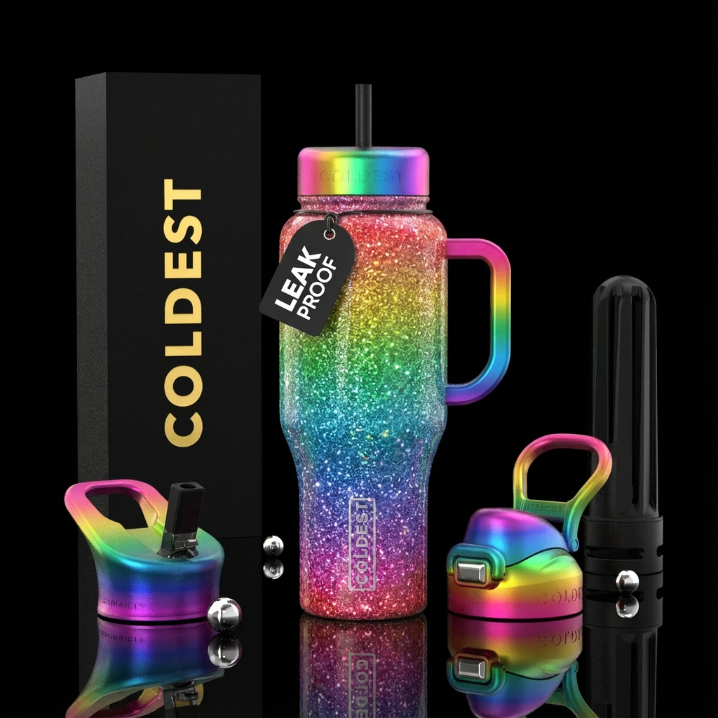 Rainbow glitter water bottle design