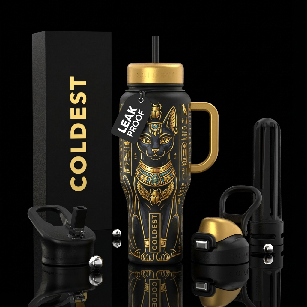 Egyptian black cat with gold water bottle design