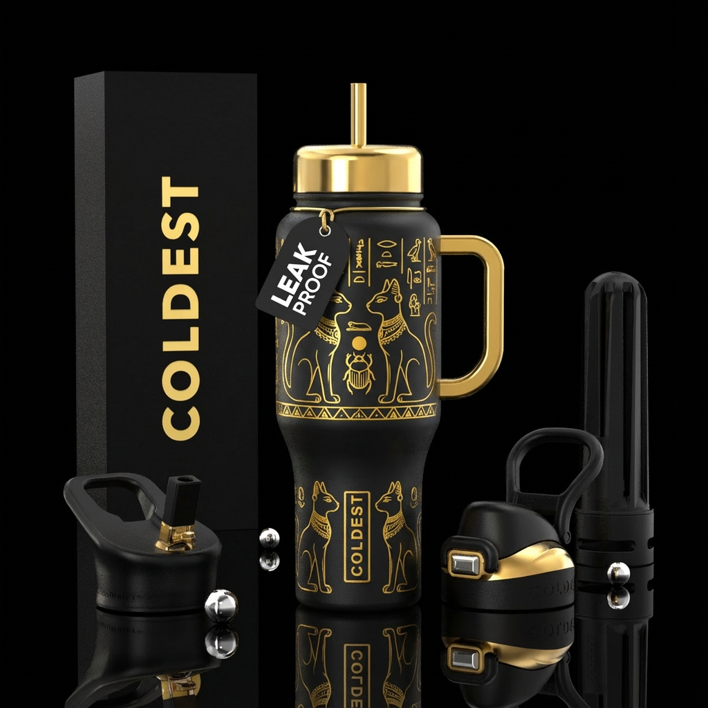 Egyptian black cat with gold water bottle design