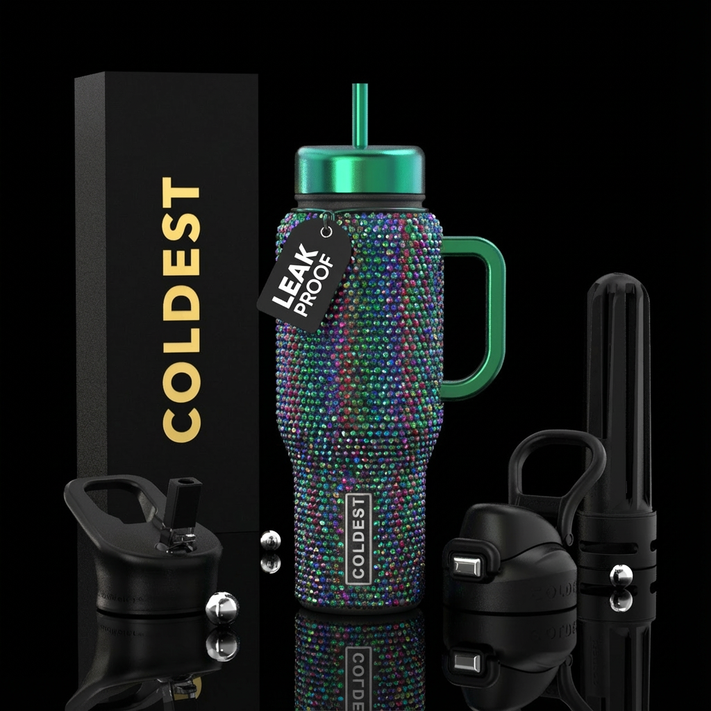Shimmering crystals on display water bottle design