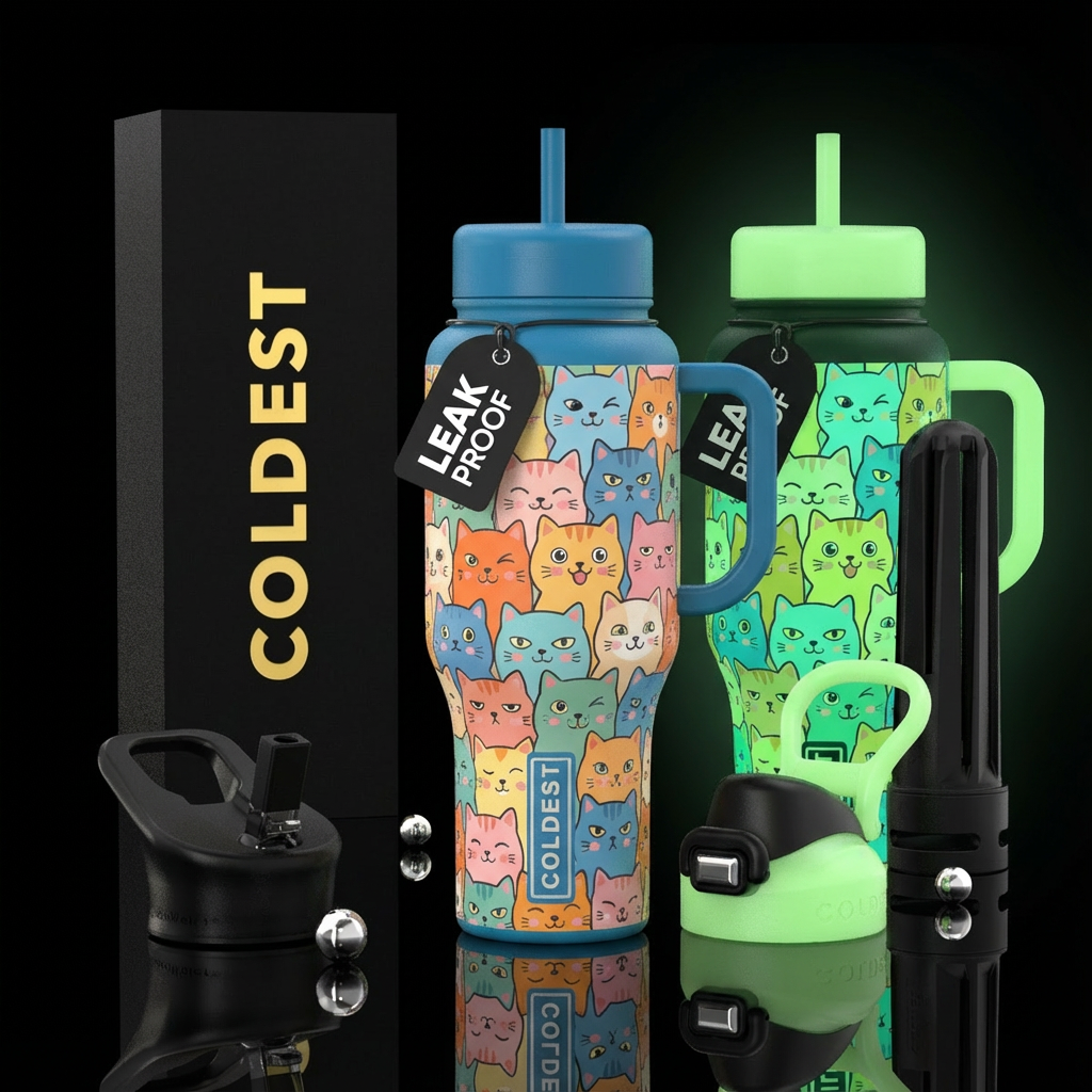 Two versions one glow in the dark, cat faces makin... water bottle design