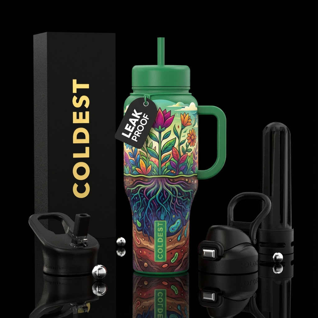Slice side view of plants and roots going under th... water bottle design