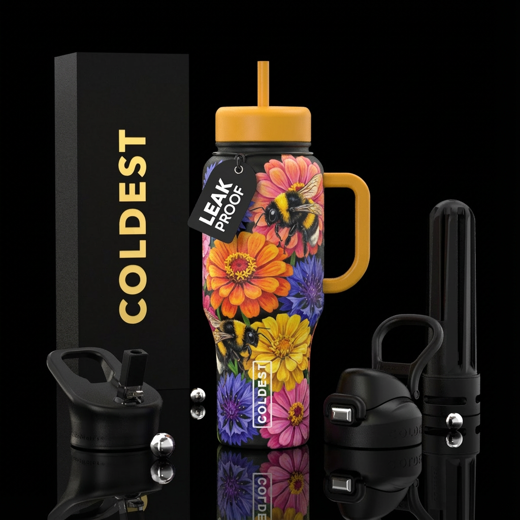 Bachelor button and zinnia flowers with oversized ... water bottle design