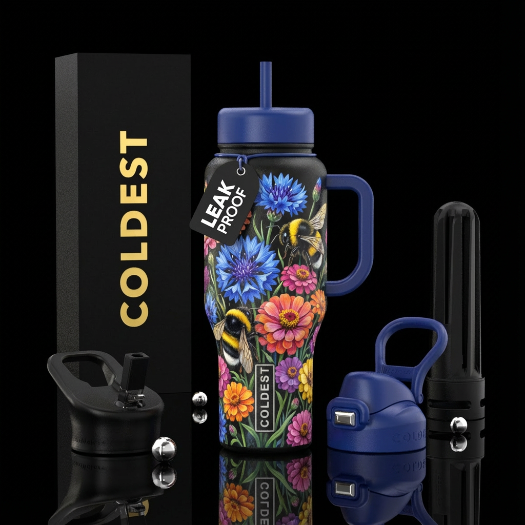 Bachelor button and zinnia flowers with oversized ... water bottle design