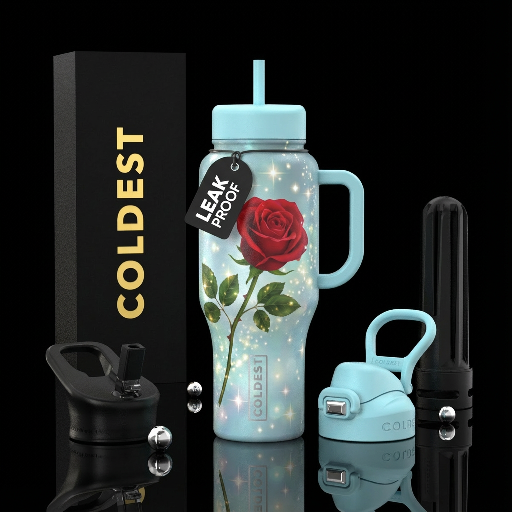 Singular red rose on light blueish background with... water bottle design