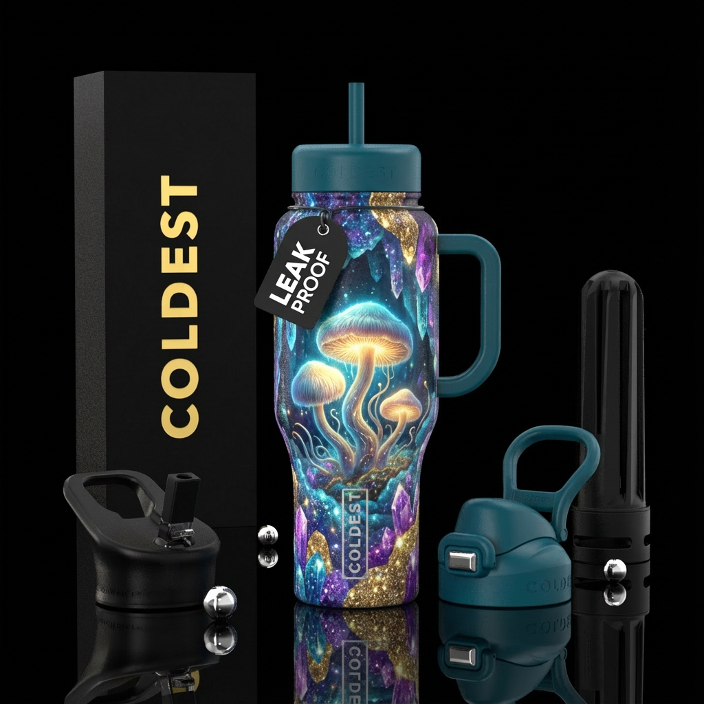 Lions mane mushroom in sparkly crystal cave water bottle design