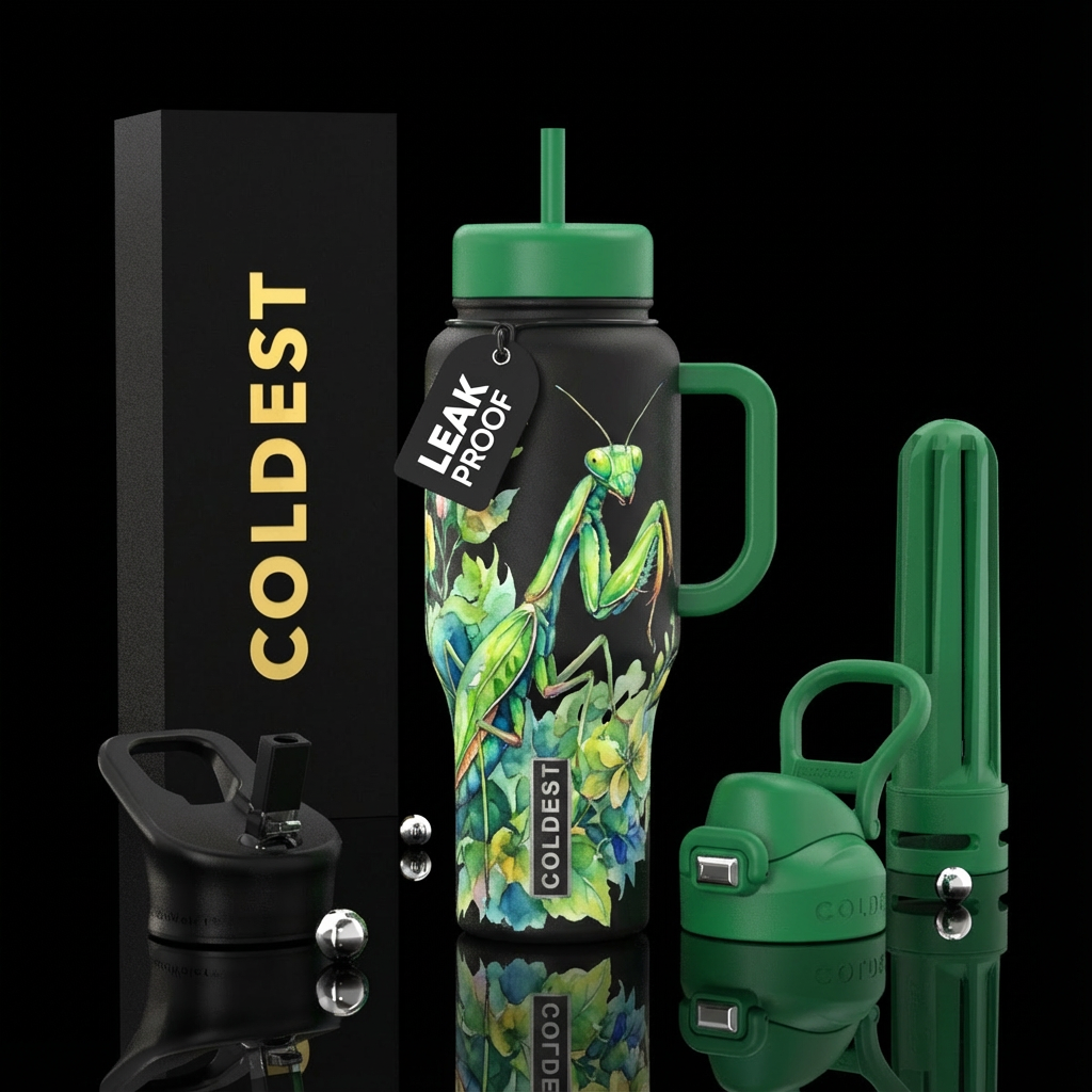 Water color style Praying mantis water bottle design