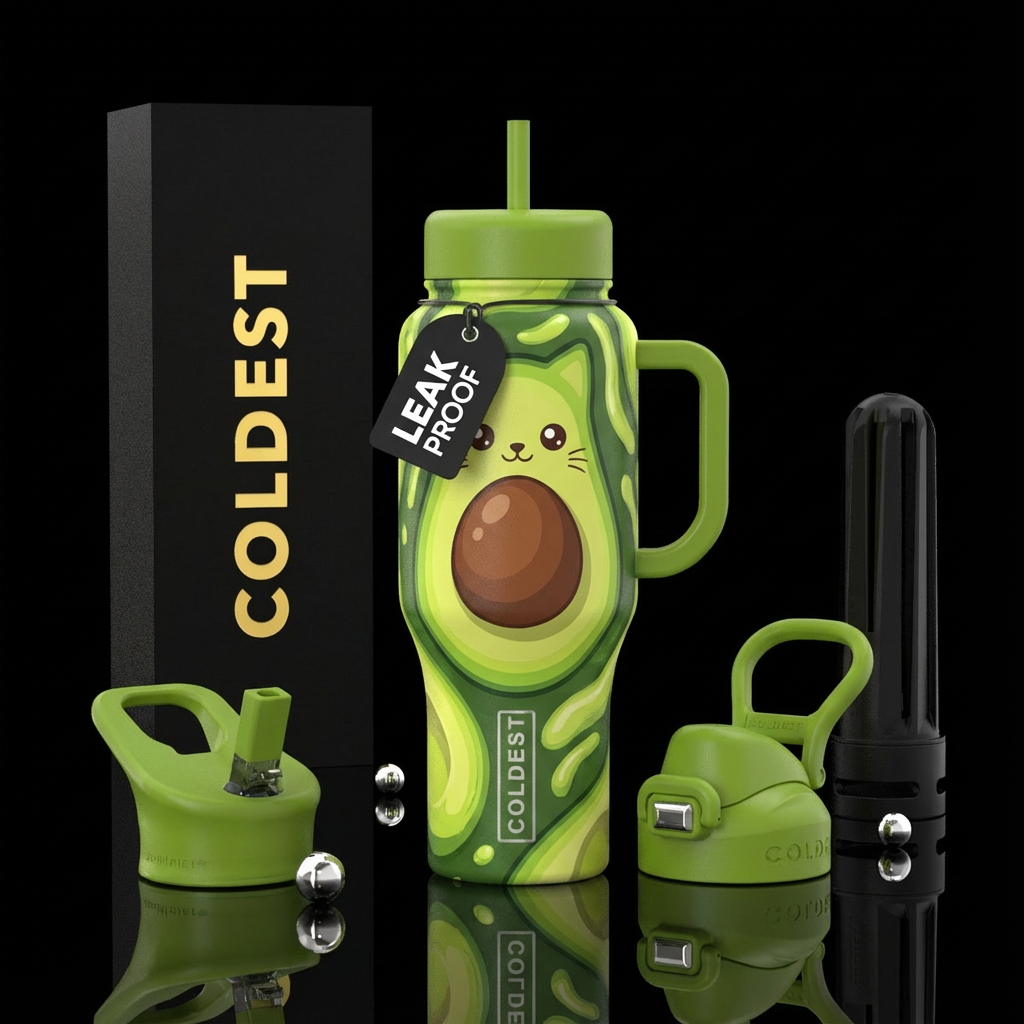 Avocado cat face water bottle design