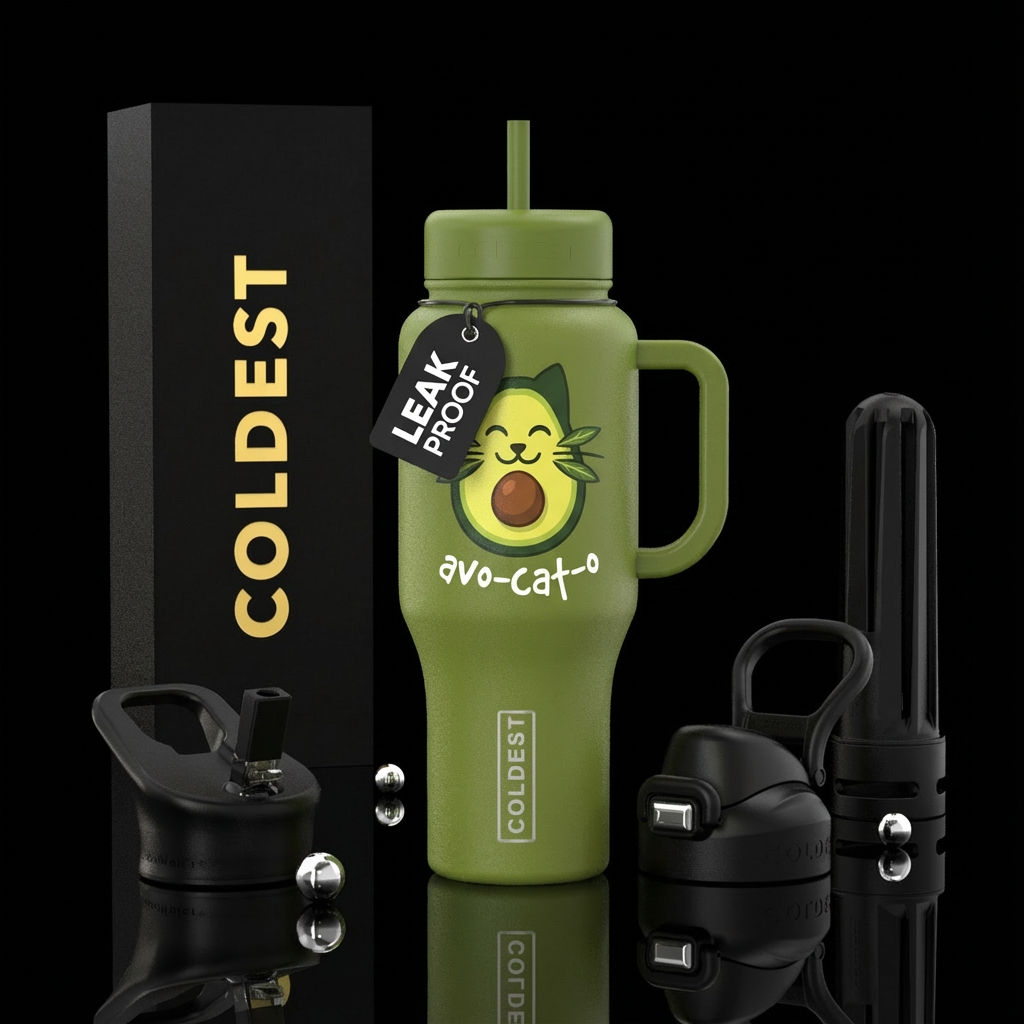 Avocado cat face, "avo-cat-o" water bottle design