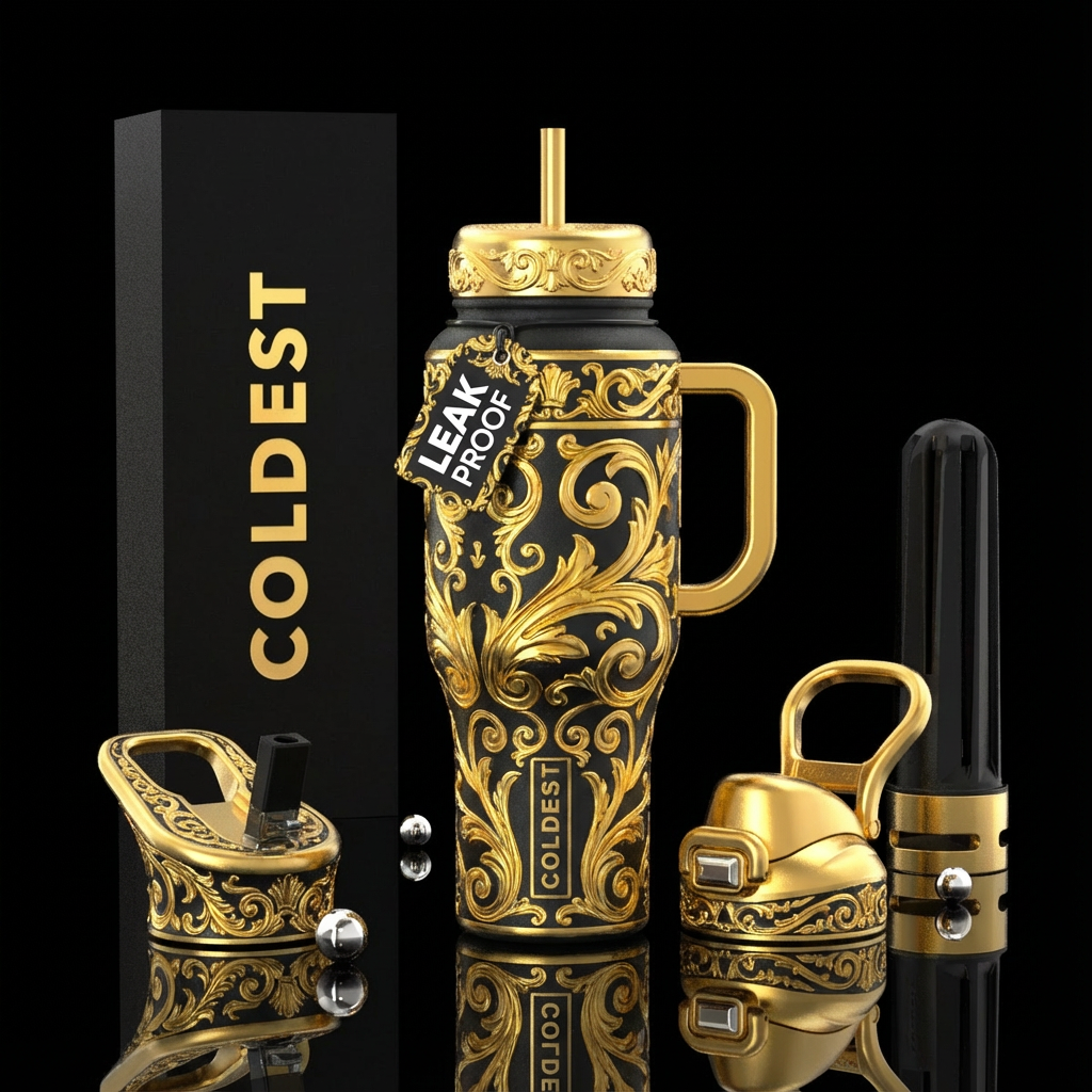 Black bottle with gold ornate trim designs exagger... water bottle design