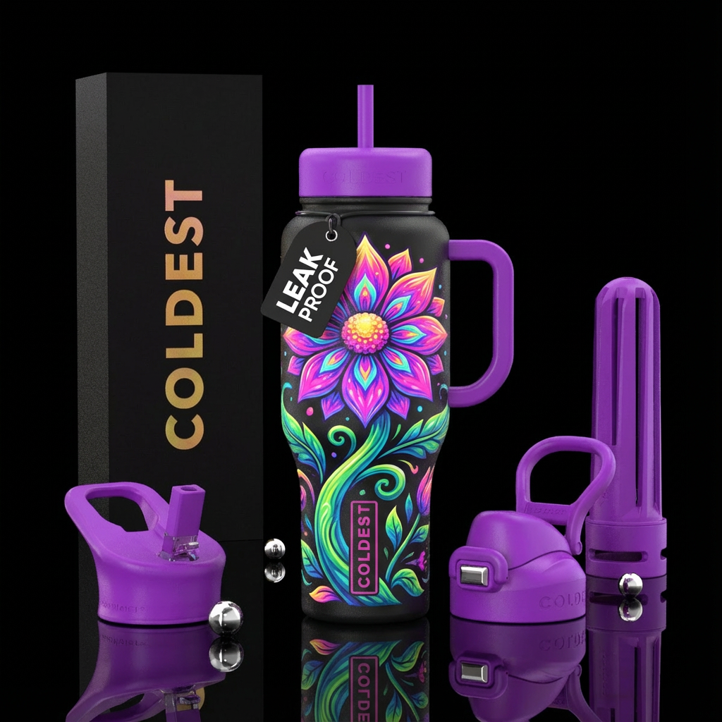 Giant singular flower on giant swirly stalk water bottle design