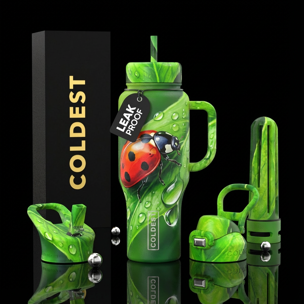 Ladybug on a single large leaf with a dewdrop water bottle design