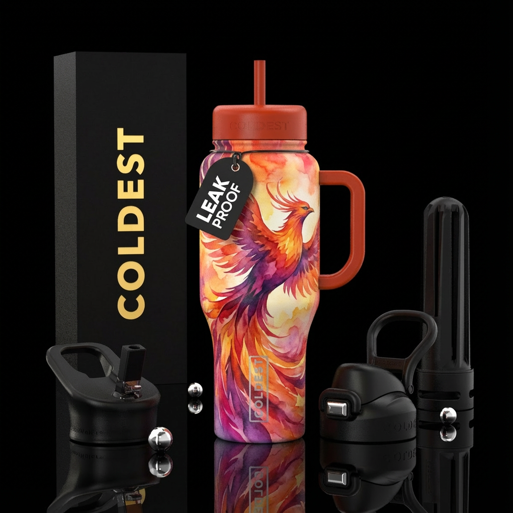 Firebird design done in watercolors with colorful ... water bottle design
