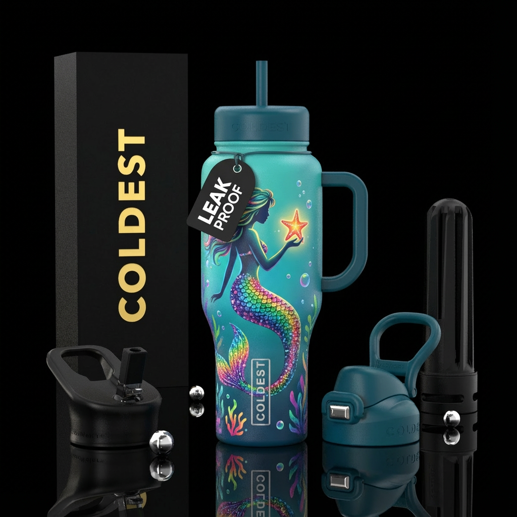Mermaid with rainbow glitter scale tail holding a ... water bottle design
