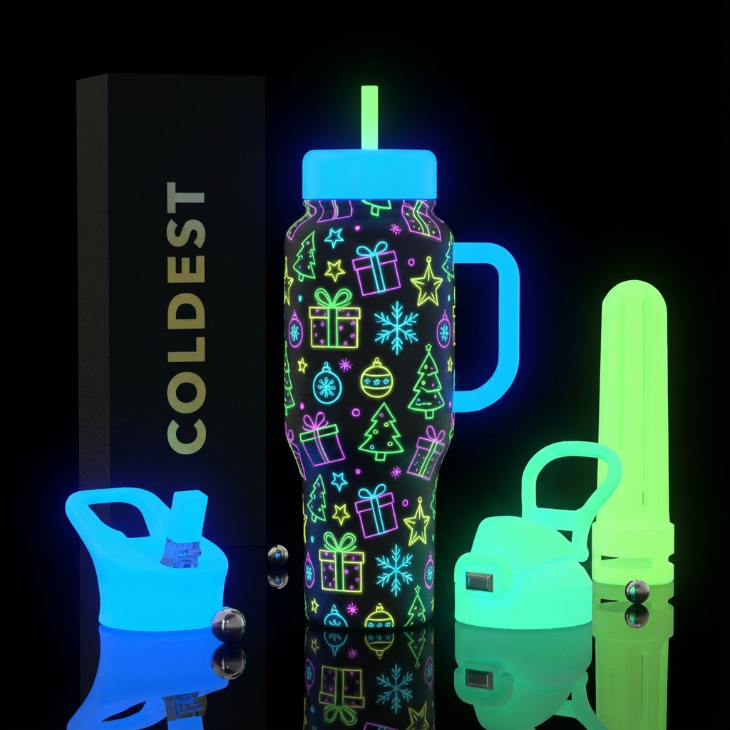 Glow in the dark neon presents and Christmas symbo... water bottle design