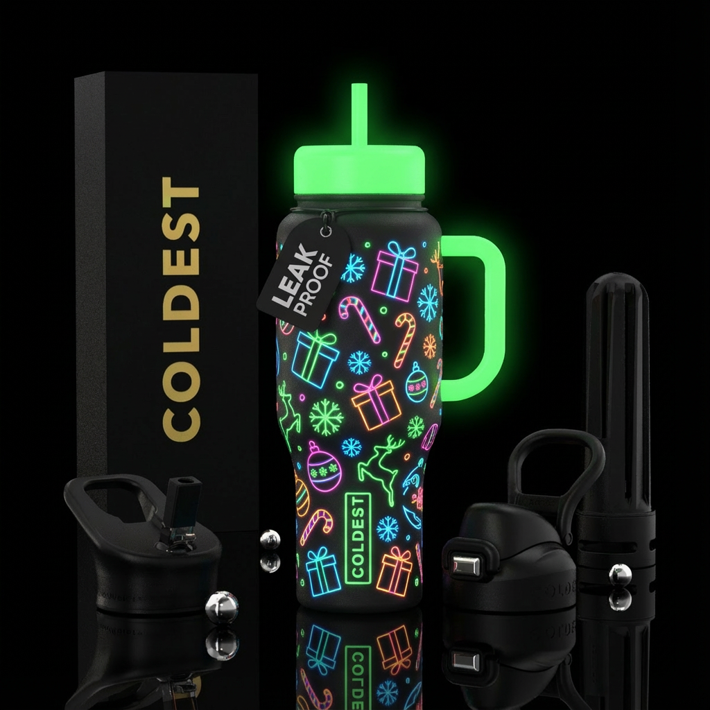 Glow in the dark neon presents and Christmas symbo... water bottle design