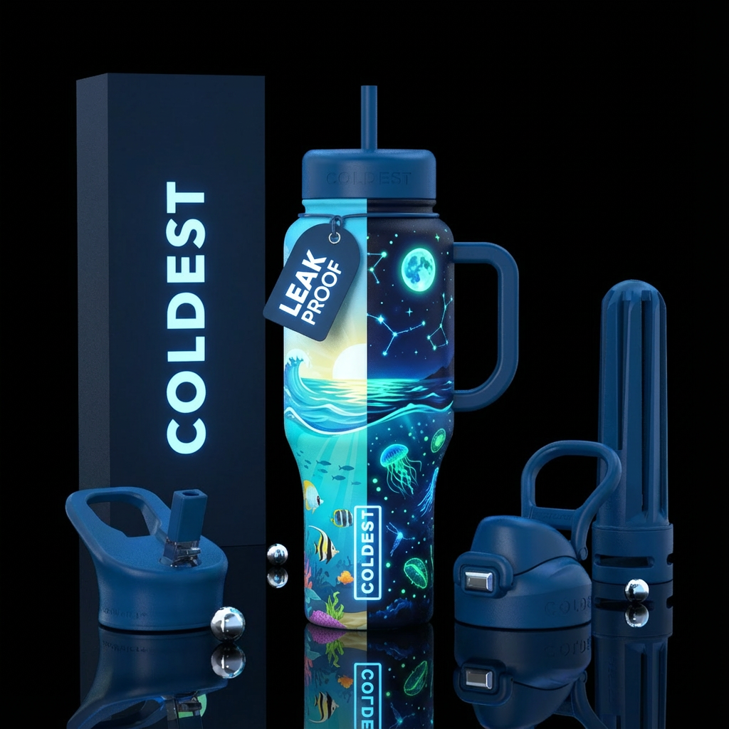 Two versions one day and one night of a ocean scen... water bottle design
