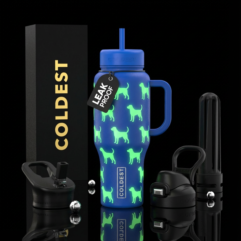 Glow in the dark dog silhouette pattern with a blu... water bottle design