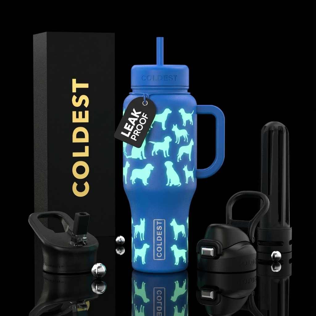 Glow in the dark dog silhouette pattern with a blu... water bottle design
