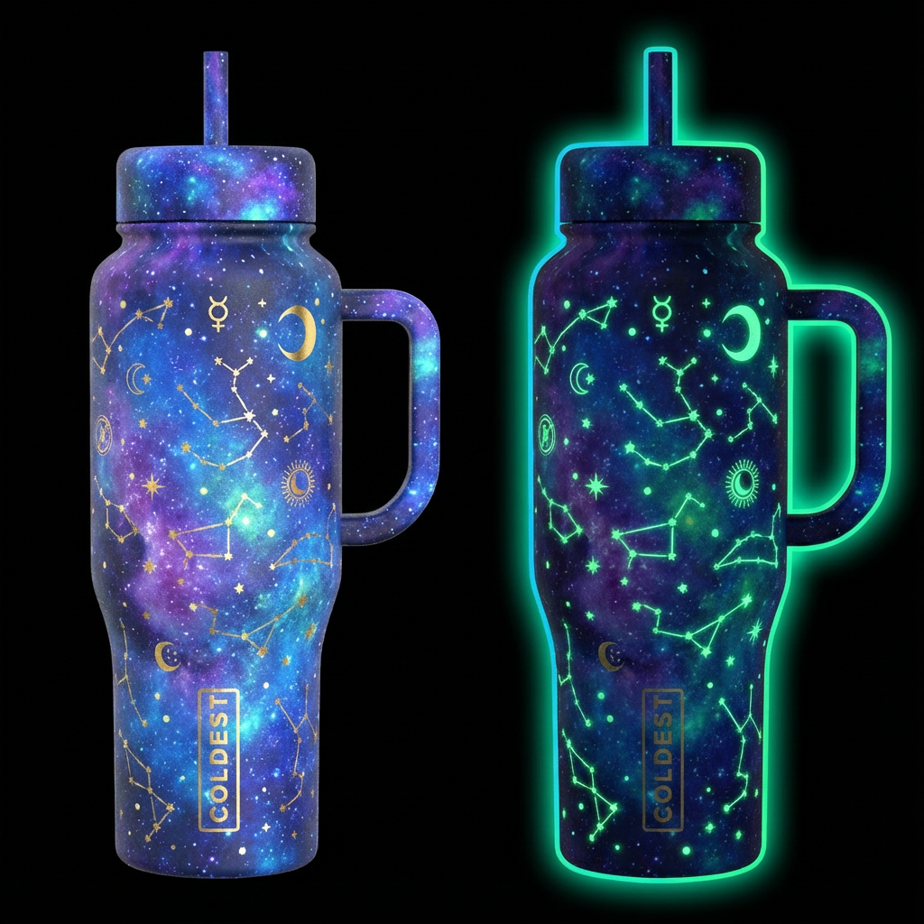 Golden metallic constellations and celestial symbo... water bottle design