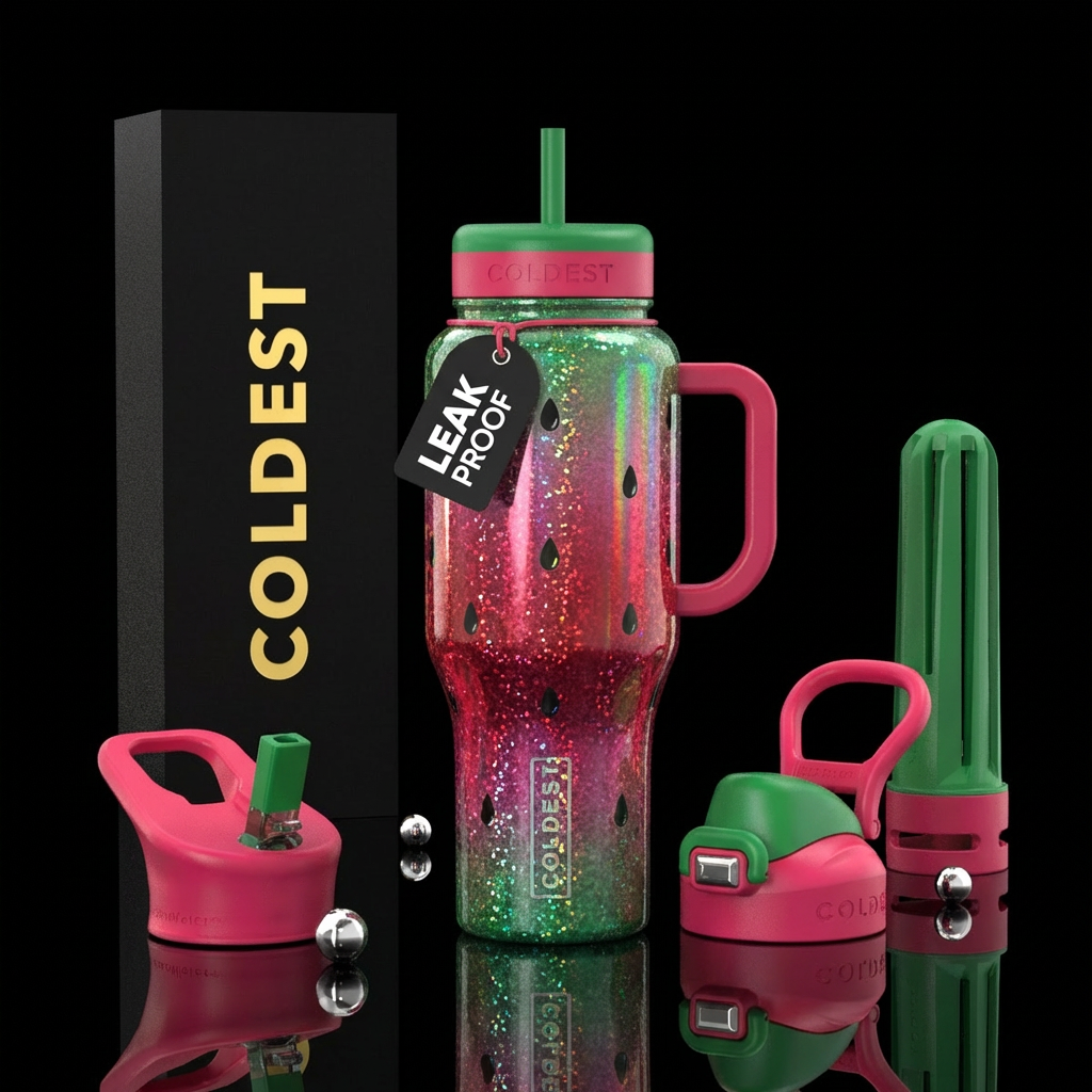 Iridescent watermelon design gradient sparkly water bottle design