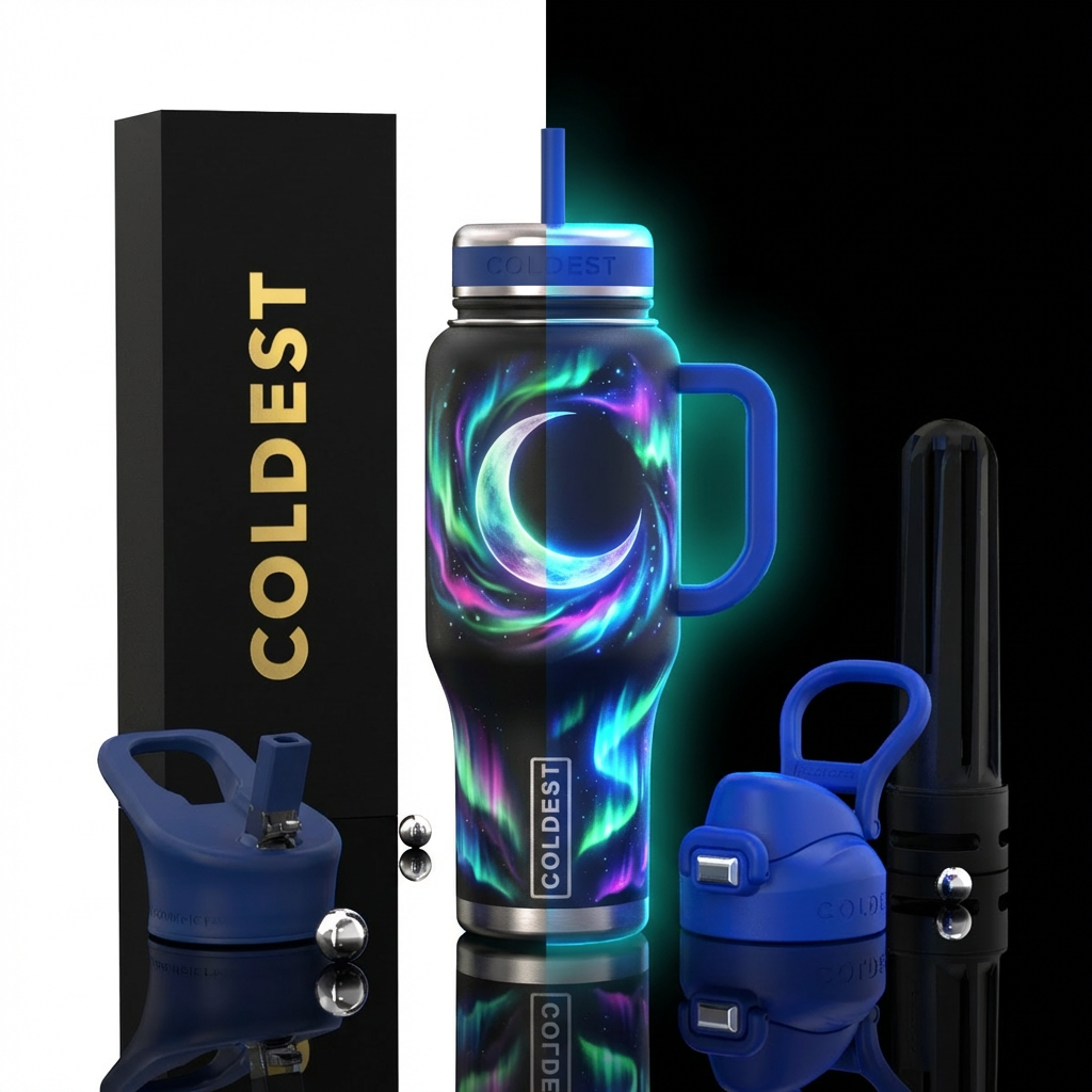 Large crescent moon with vibrant northern lights, ... water bottle design