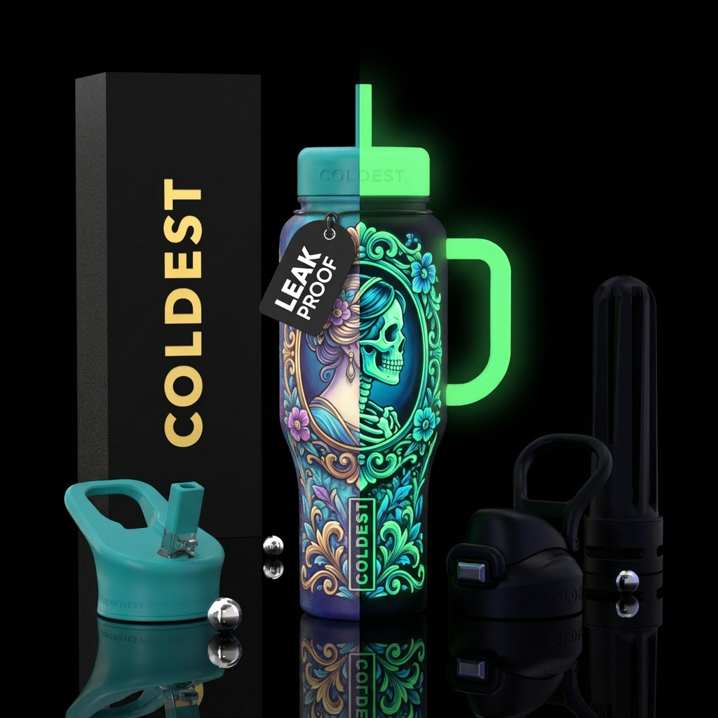 Show two versions, one glowing in the dark and one... water bottle design