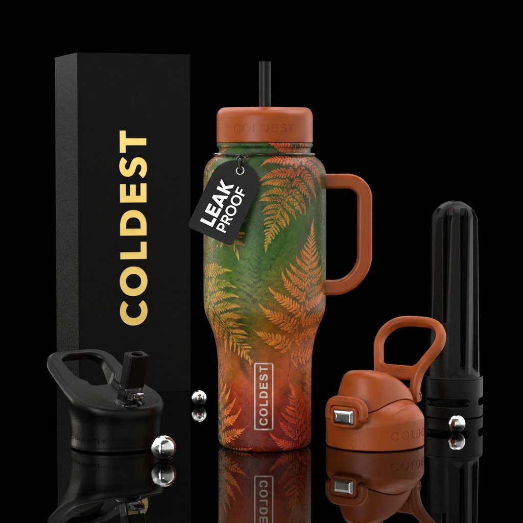 Green orange red gradient color autumn ferns desig... water bottle design