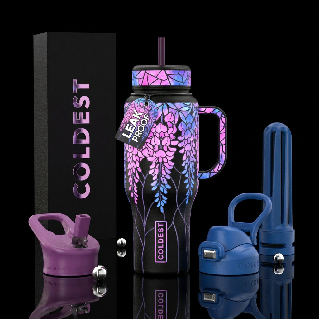 Glow in the dark wisteria flowers stained glass lo... water bottle design