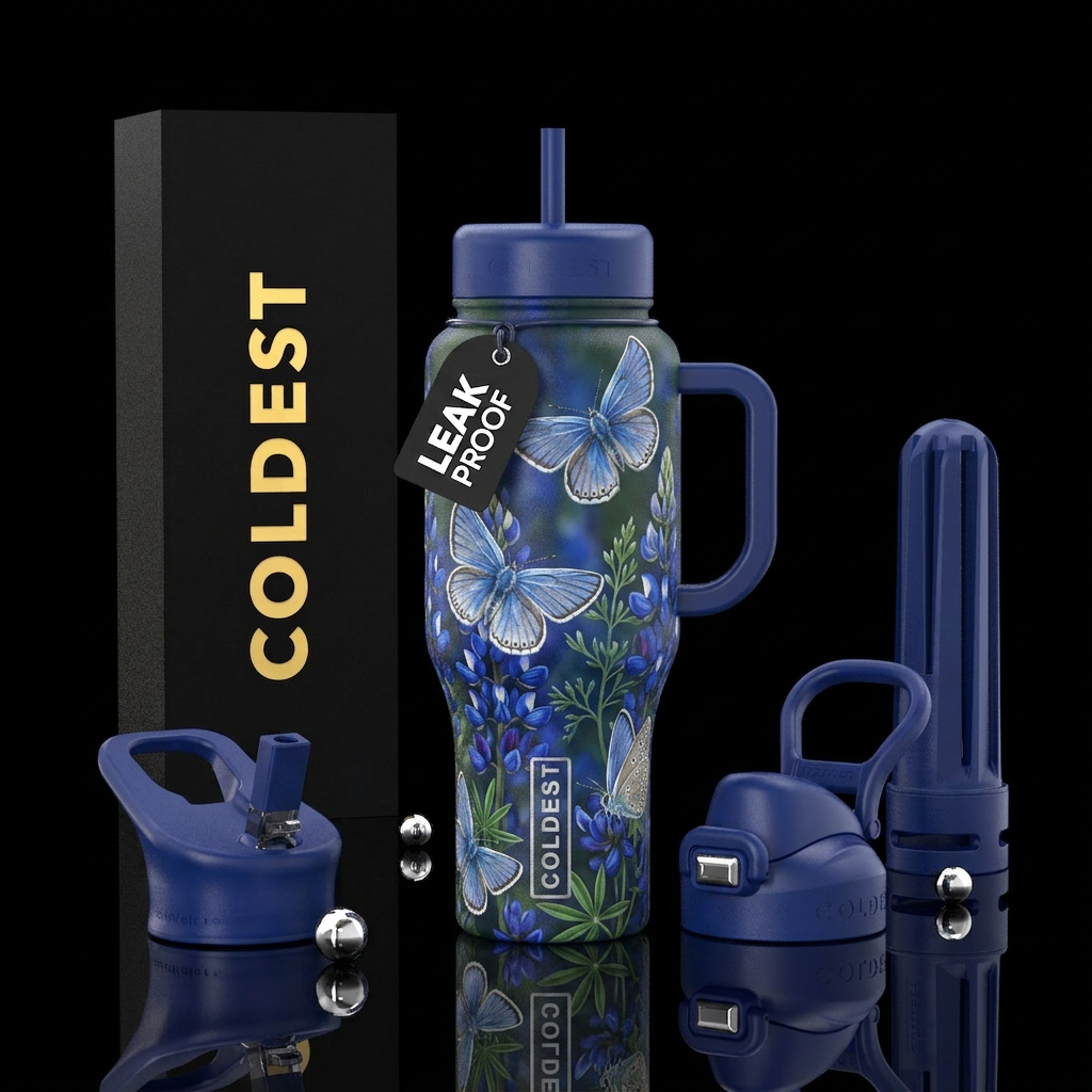 Fenders blue butterfly on native blue lupine flowe... water bottle design