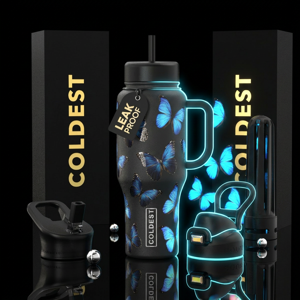 Blue morphos butterflies pattern black background ... water bottle design