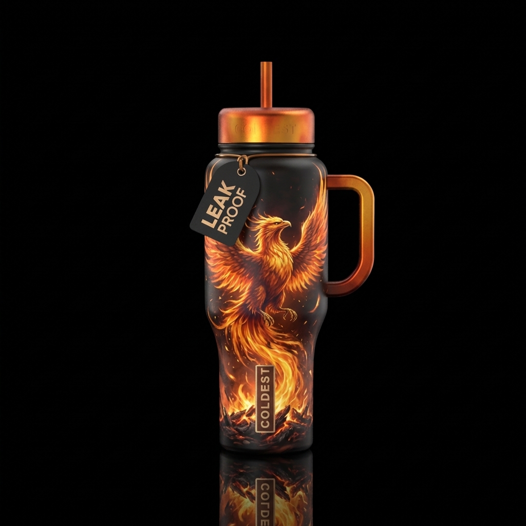 Phoenix rising from ashes and fire water bottle design