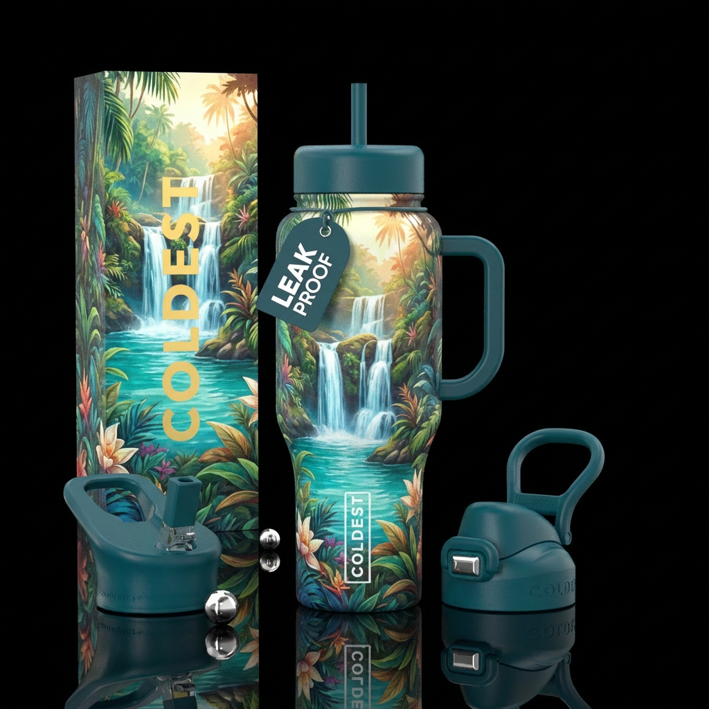 Waterfall oasis water bottle design