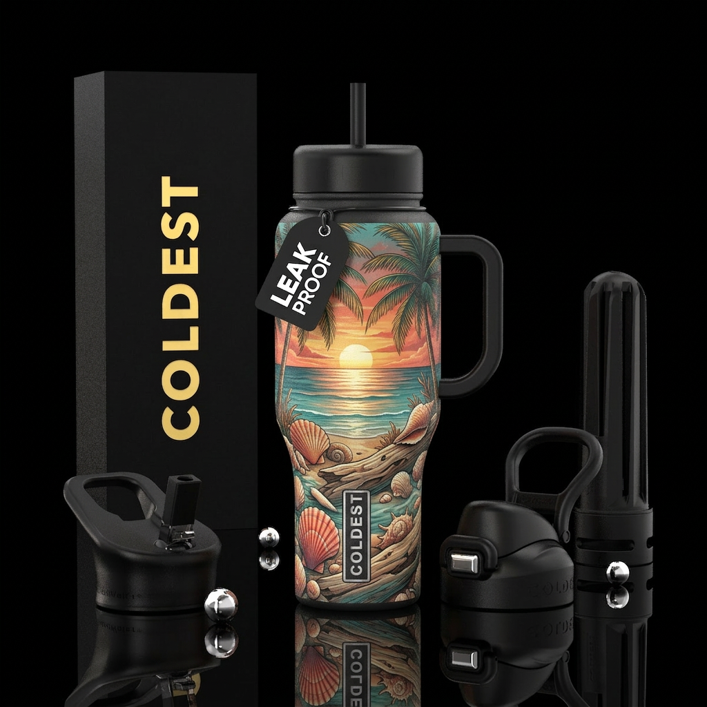 Beach scene elegant sunset with palms seashells dr... water bottle design
