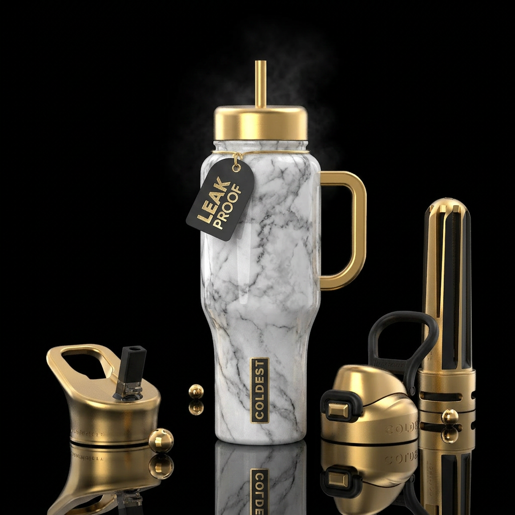 Carrera marble with gold handle and lids water bottle design