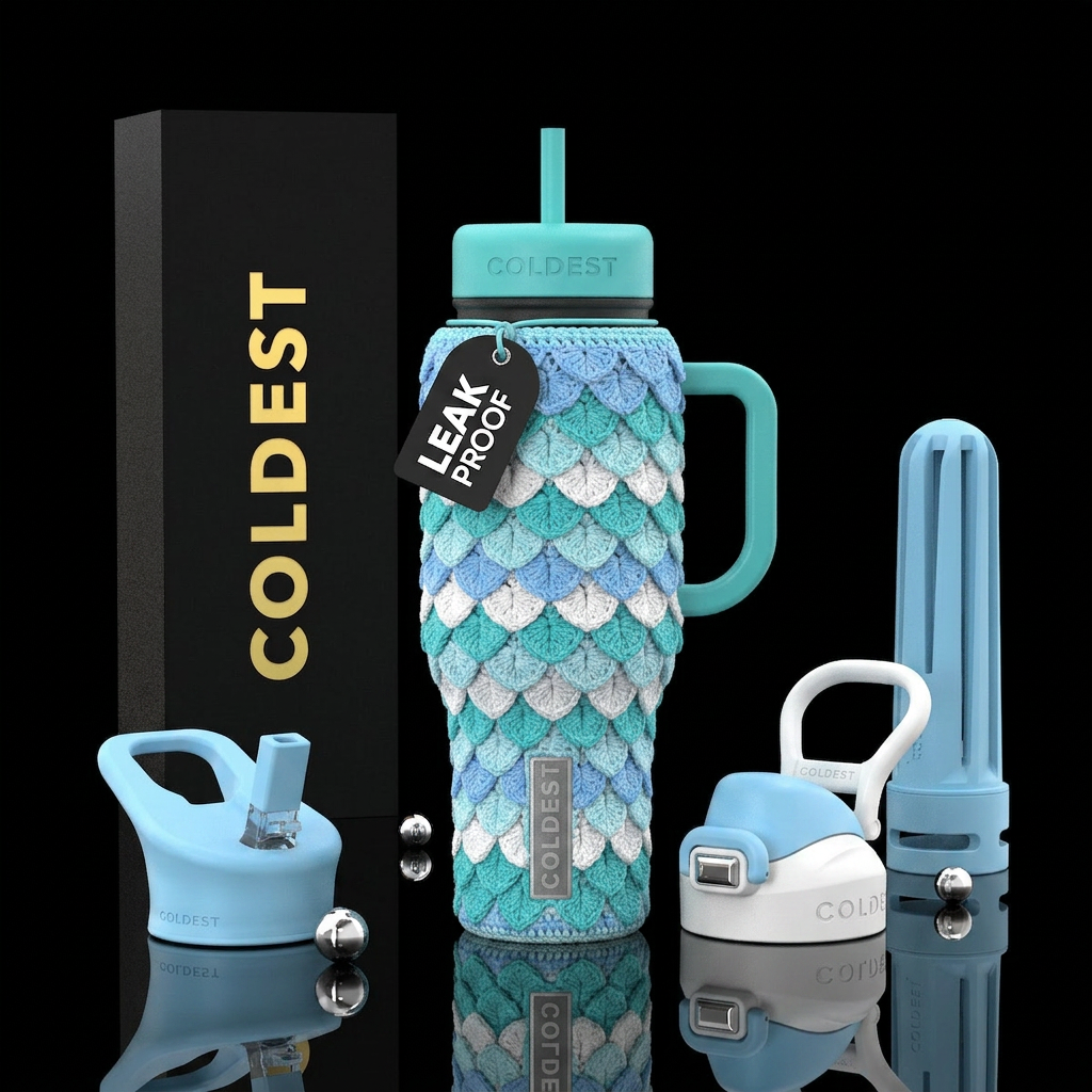 Crochet dragon scales - colors are baby blue white... water bottle design