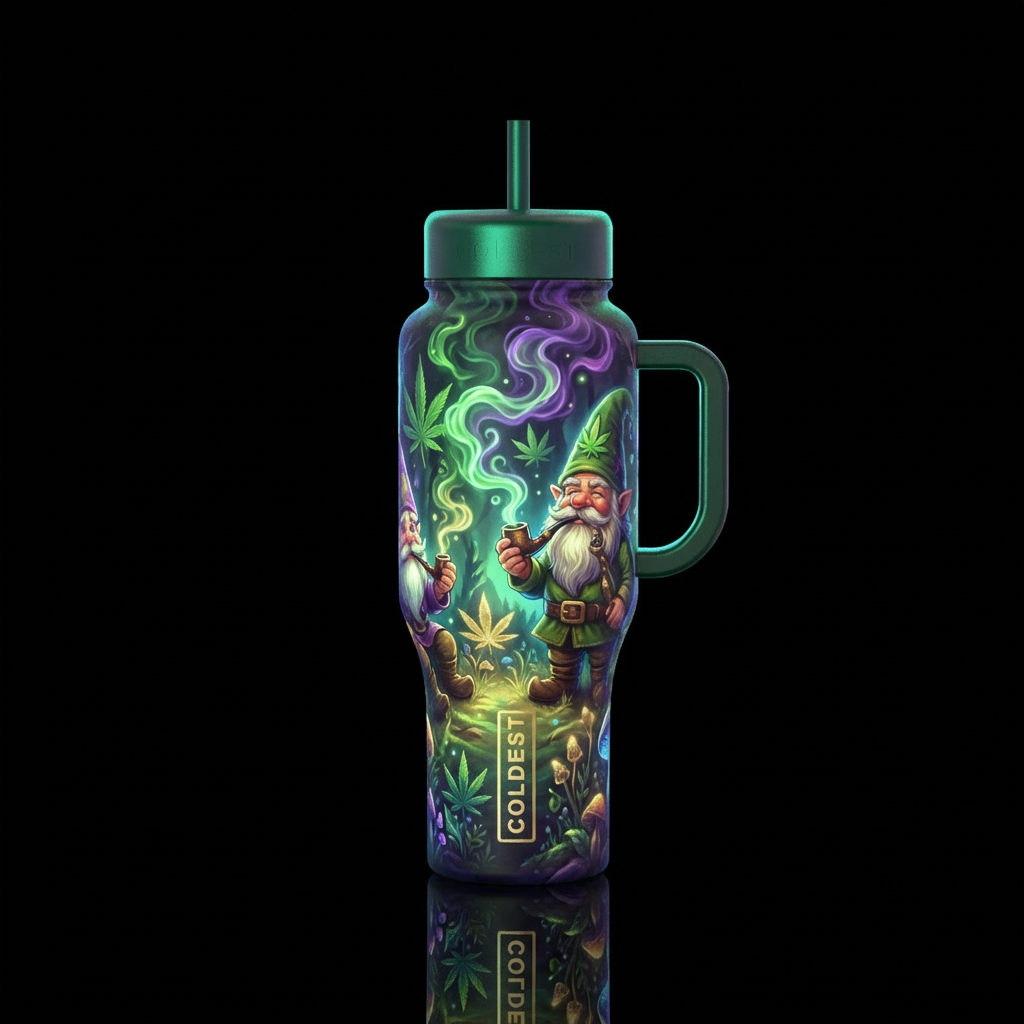 smoke, weed, gnome, mythical, realistical, glowie,... water bottle design