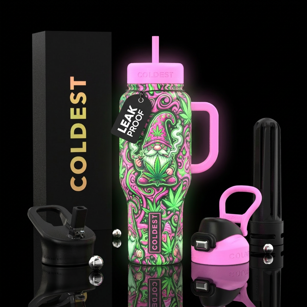Weed hippie smoke gnome pink realistic glow in the... water bottle design
