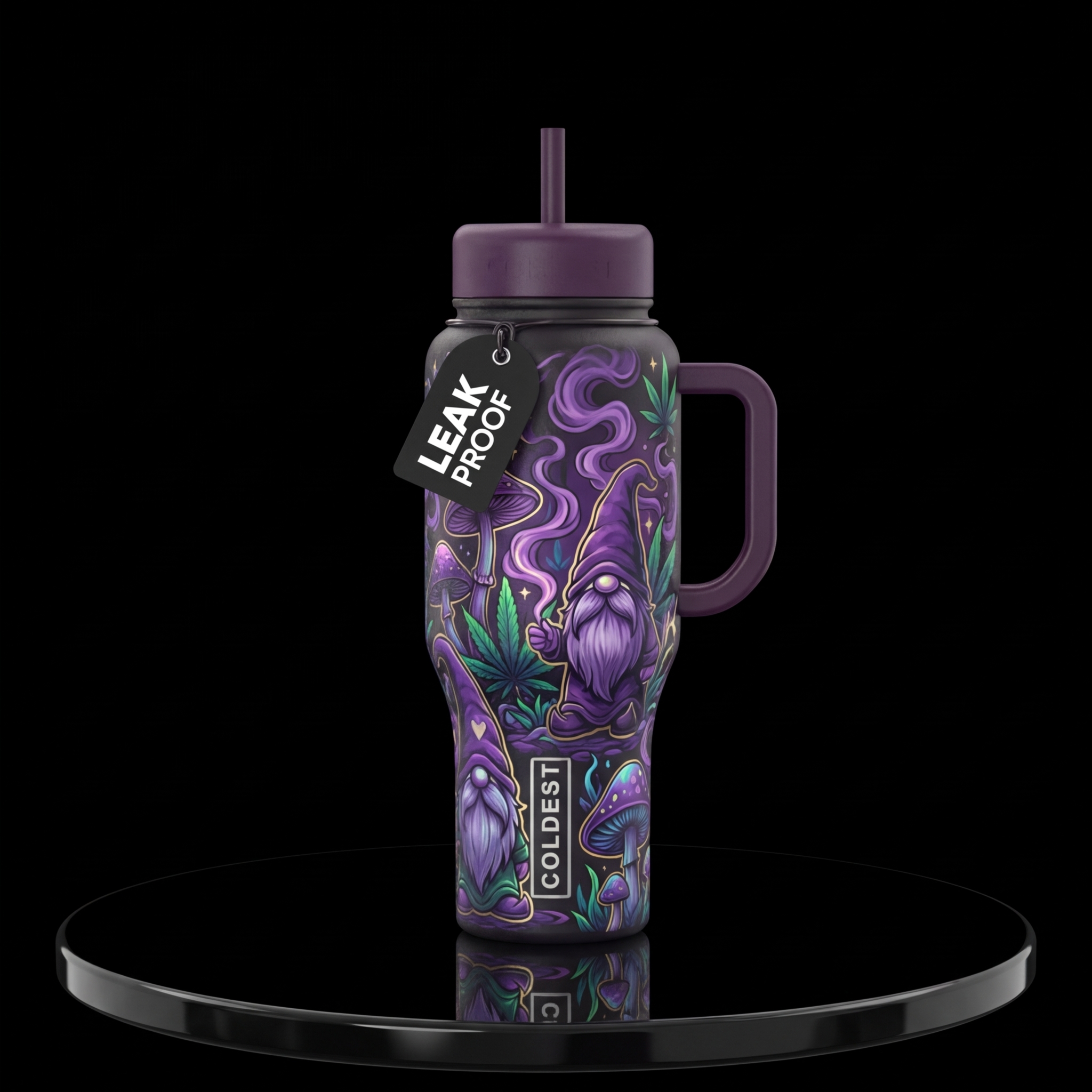 Mushroom weed, whimsical, mythical, smoke purple g... water bottle design