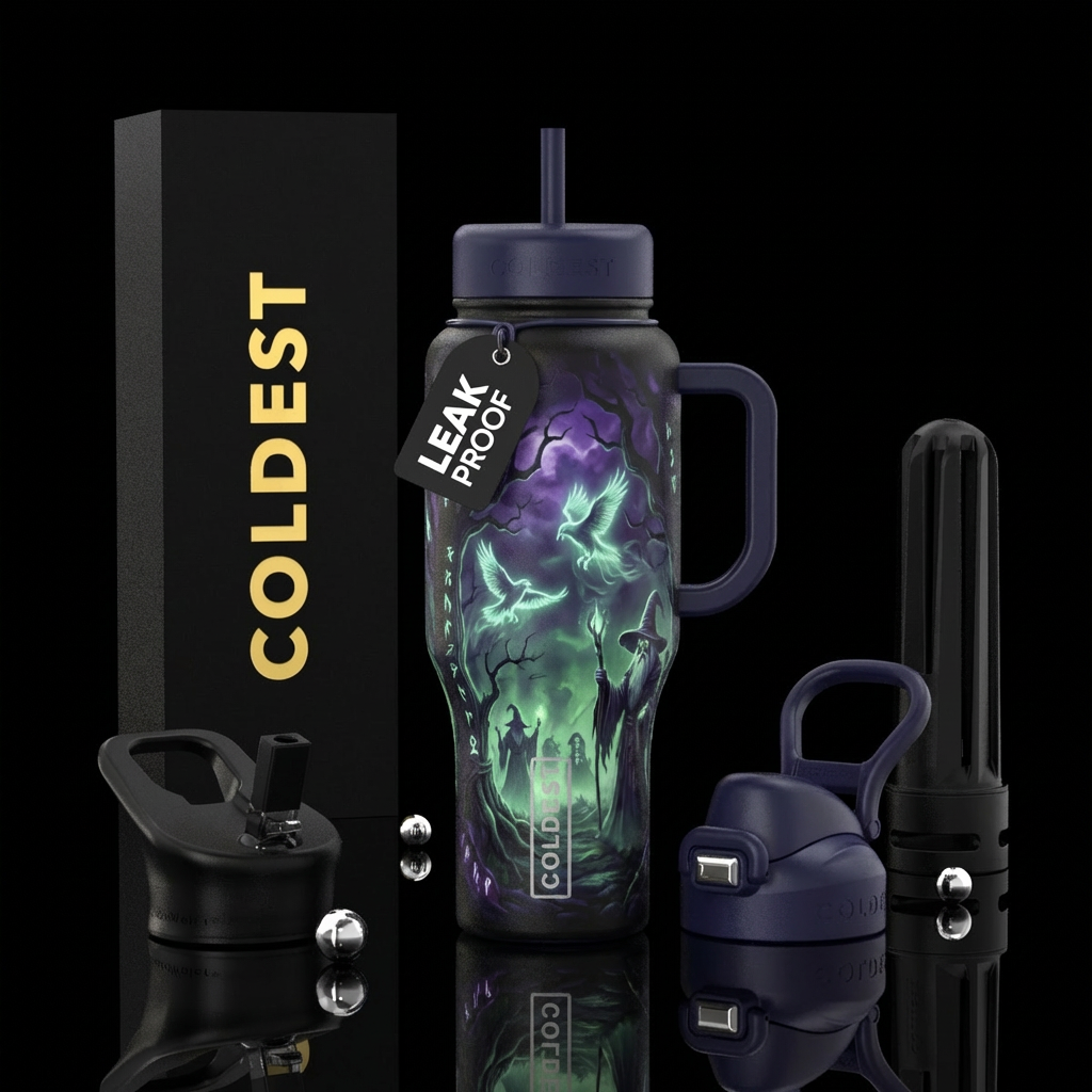 haunted, birds, wizard, glowie, fantasy, dark mood... water bottle design