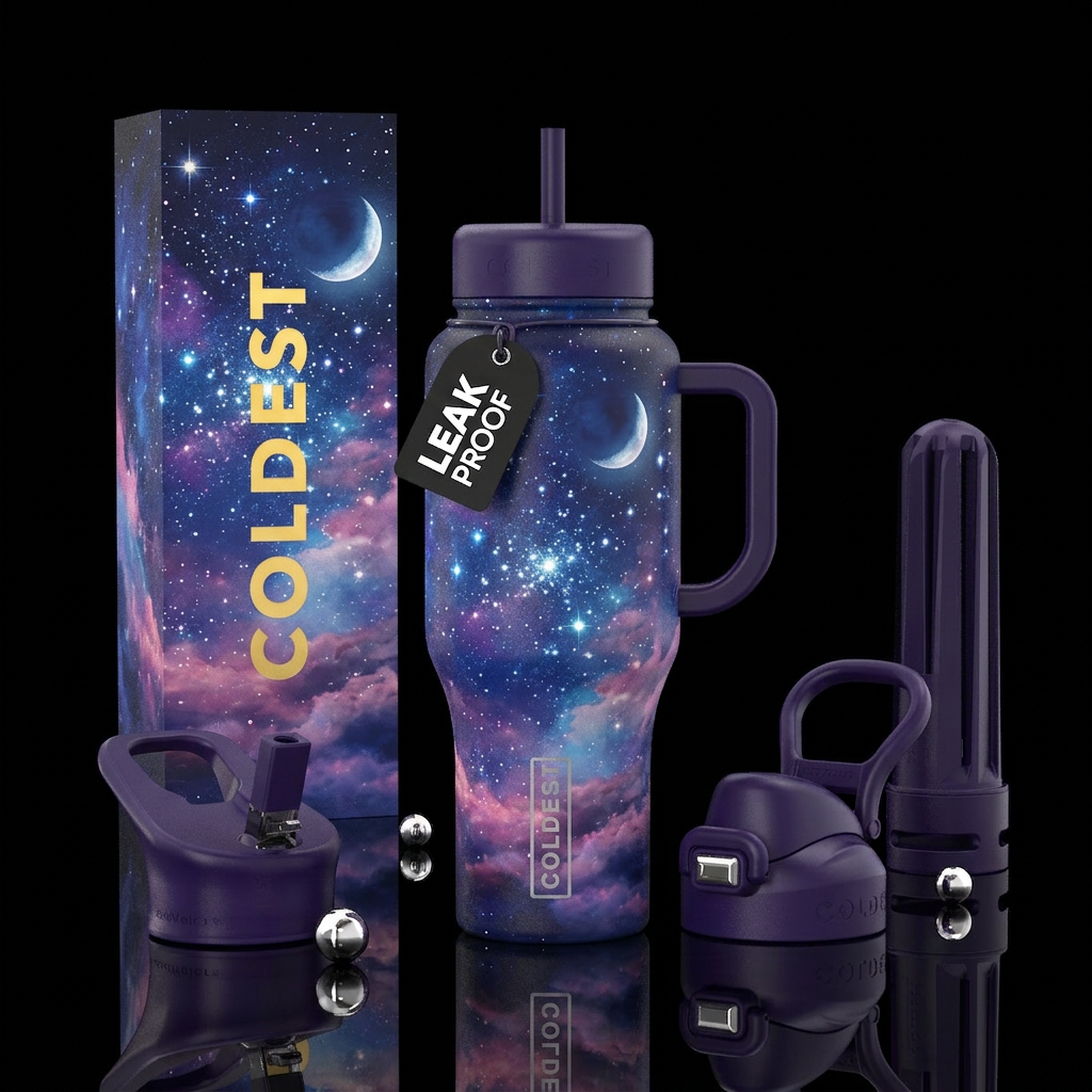 Stars moon clouds sky blues purple pink lids inclu... water bottle design