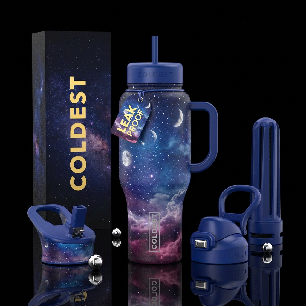 Stars moon clouds sky blues purple pink lids inclu... water bottle design
