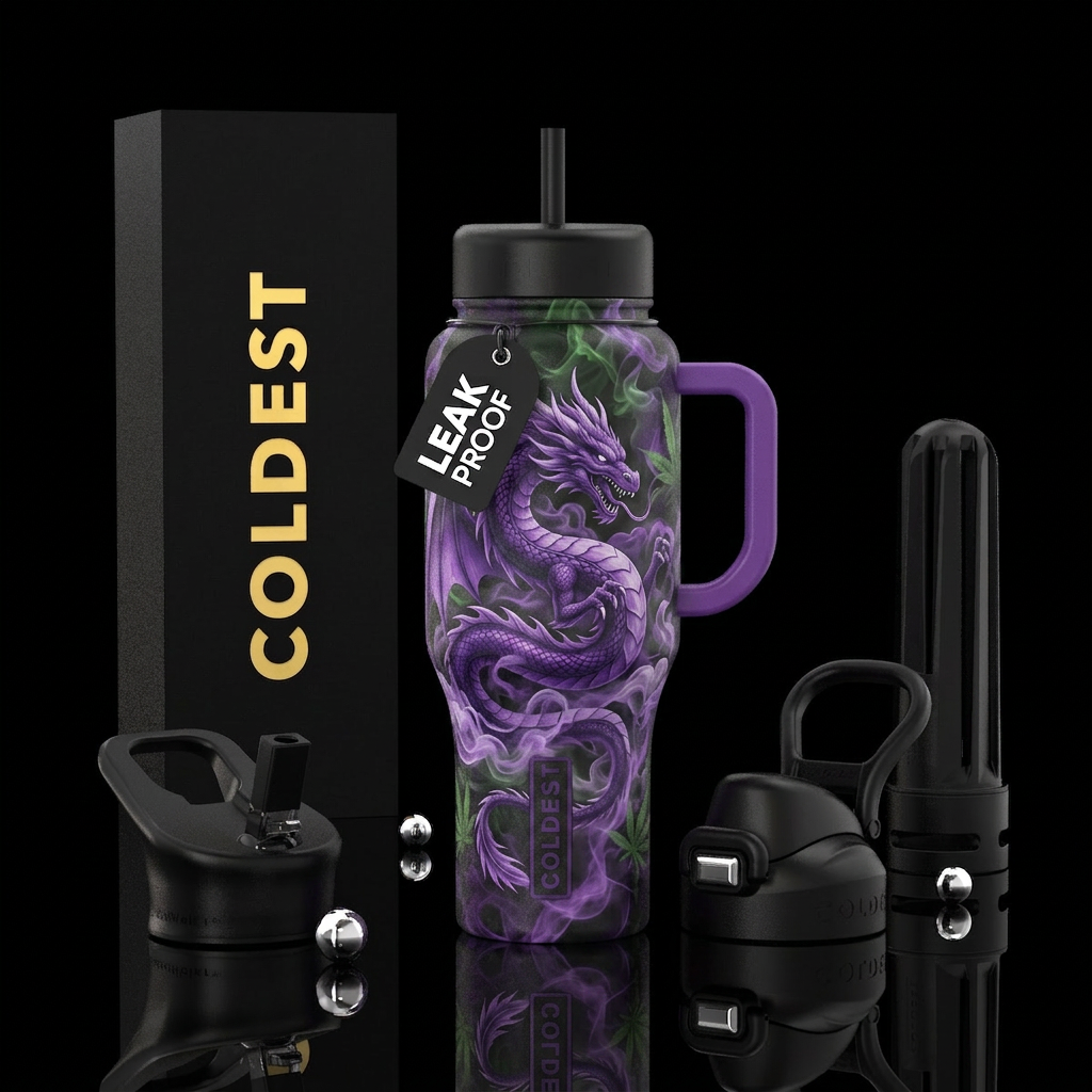 Purple hi dragon in a field of weed smoke water bottle design
