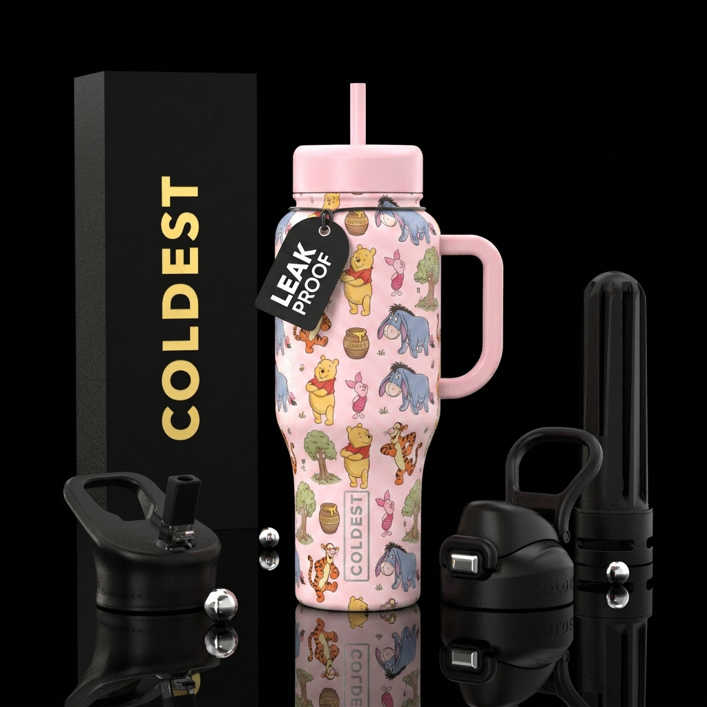 Winnie the pooh and all other characters on a pale... water bottle design