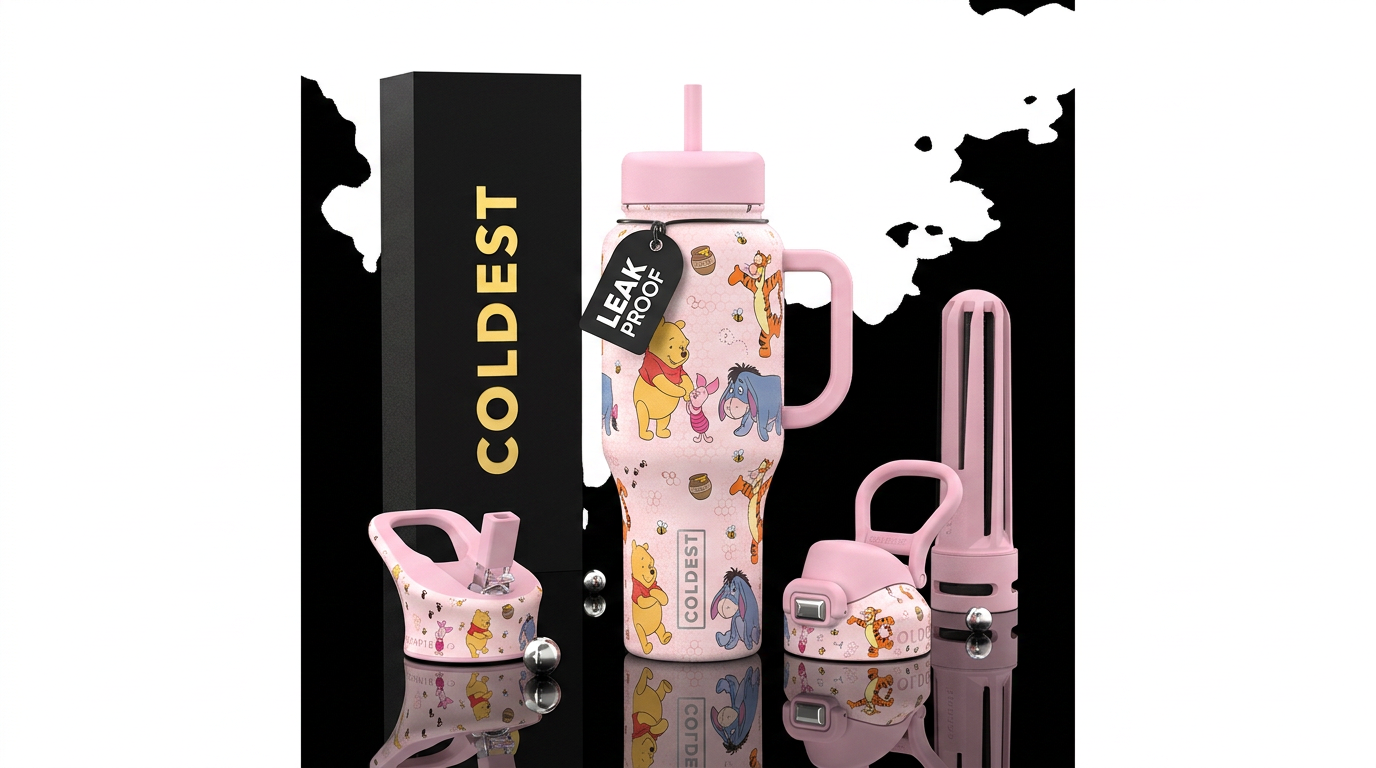 Winnie the pooh and all other characters on a pale... water bottle design