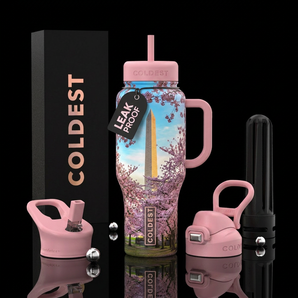 Washington Monument with cherry blossoms water bottle design